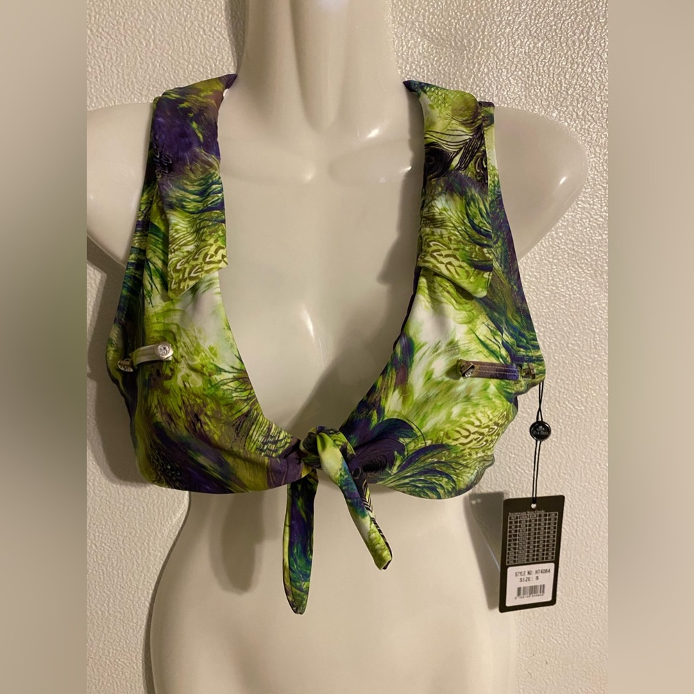 Ree Bees size S 4/6 women’s green and purple peacock print swimwear top NEW